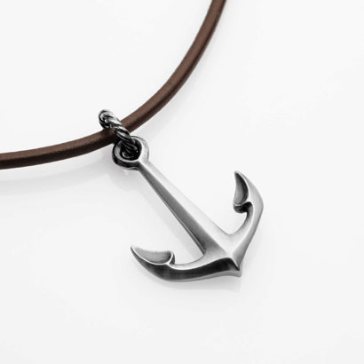 Silver Anchor necklace o 20" leather